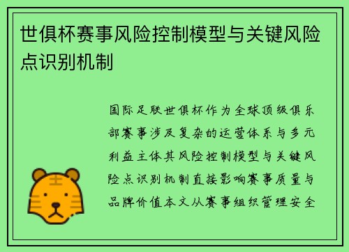 世俱杯赛事风险控制模型与关键风险点识别机制